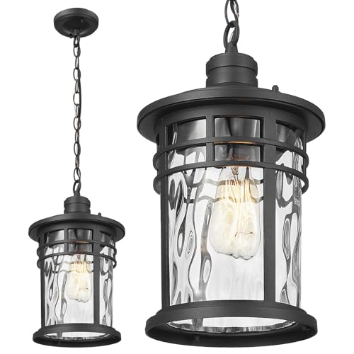 Image of Darkaway Large Outdoor Pendant Lights for Porch, 15inch Outdoor Chandelier Hanging Porch Lights Outside Ceiling Mount Aluminum with Water Ripple Glass for Front Porch Gazebo Patio