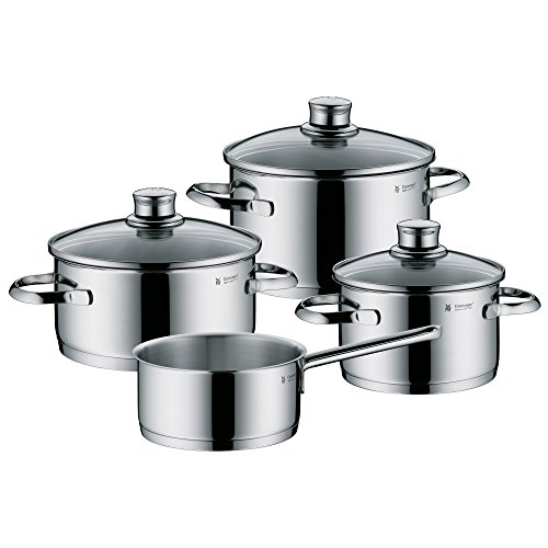 WMF Cooking Pot Set 4 Pieces Polished Frying Pan Casserole Pot Sapphire Rim Glass Saucepan Lid Cromargan Stainless Steel Suitable for Induction Cookers Dishwasher Safe
