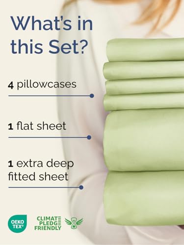 Image of Extra Deep Cal King Sheet Set - 6 Piece Cooling Sheets - Light Sage Green | Hotel Luxury Bed Sheets Set, Easy & Secure Fit, Ultra-Soft, Wrinkle & Fade Free, Comfy Sheets Set with Extra Deep Pockets