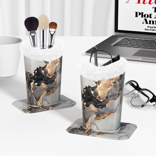 Image of Eyeglasses Holder, Plush Lined PU Leather Pattern Stand Case with Magnetic Base, Unisex for Women Men, Grey Gold Marble