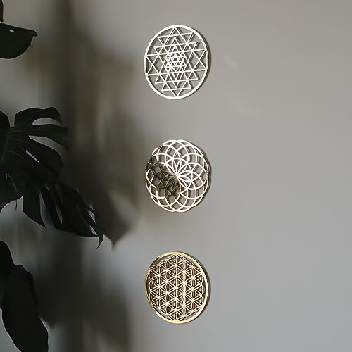 orenda design "5.9 inc Sacred Geometry Wall Art Gold 3 pcs (Flower of Life-Torus-Sri Yantra) Zen Home Decor Yoga Meditation Wall Art Spiritual Gift (Art1)