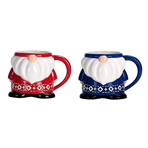 Bico Ceramic Red & Blue Christmas Gnome 15oz Mugs Set, Handpainted, Microwave & Dishwasher Safe