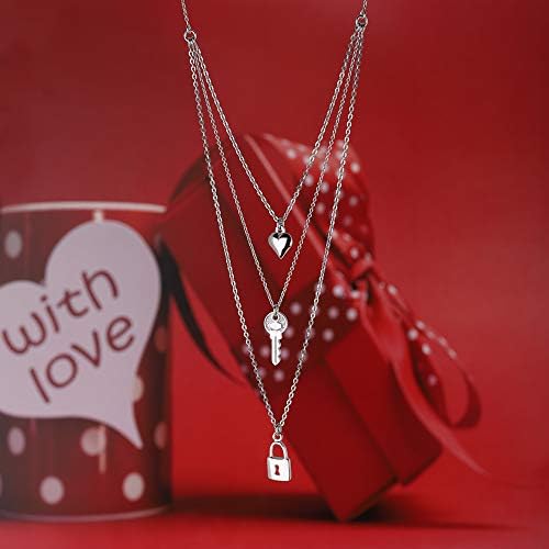 Vanbelle Sterling Silver"Heart","Lock" &"Key" Multi-charim & Multi-layer Chain Necklace with Rhodium Plating for Women and Girls