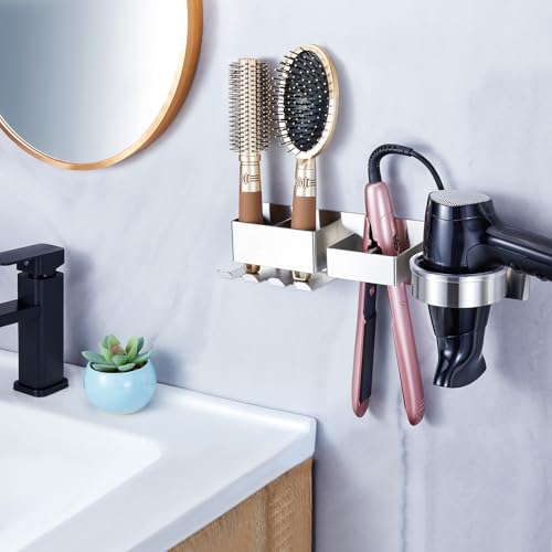 YYBO Föhnhalter Wand Ohne Bohren, Fönhalter Wandhalterung, Föhn Halterung für Föhn und Glätteisen Halterung, Fönhalterung mit Fächern & Kabel Aufbewahrung, Haartrocknerhalter für Bad (Silber)