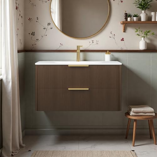 Image of 36 inch Wall-Mounted Bathroom Vanity Cabinet with Sink, Walnut | Integrated Basin Sink, Carrara White Sintered Stone Basin, 2 Soft-Close Full-extension Drawers, Golden Handles, Pre-assembled