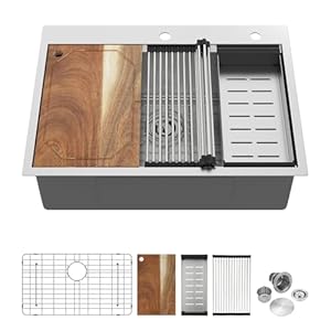 30 Inch Drop In Kitchen Sink Workstation- 30x22x9 Topmount 304 16 Gauge Stainless Steel Single Bowl 9″ Deep Basin with 2 Holes