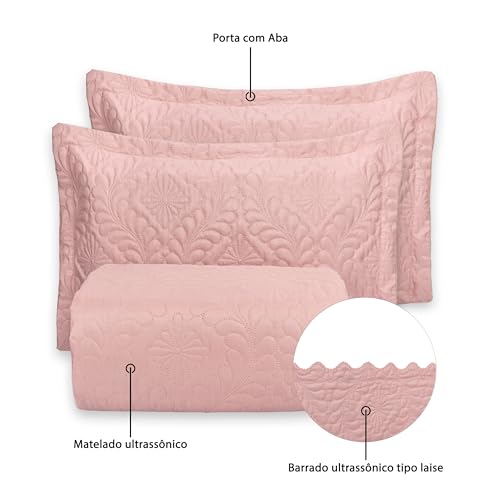 Kit Colcha Cobre Leito Camili Super King Dupla Face 3 Peças Ultrassônico (Rosê)