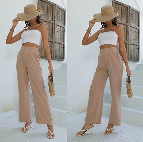 Heipeiwa Women's Linen Casual High Waist Wide Leg Straight Dress Pants Button Trousers #TOP3