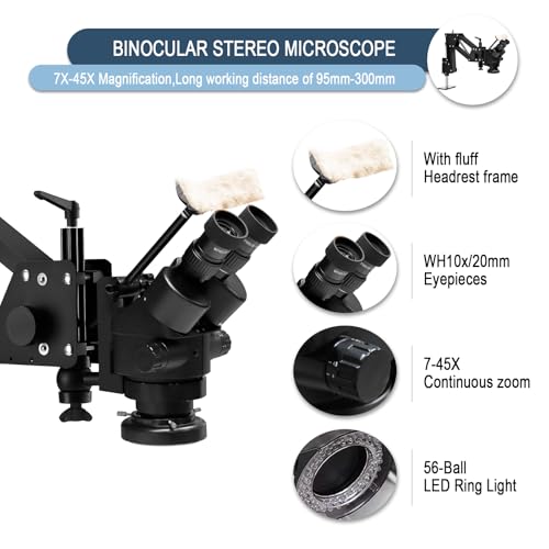 Image of Jewelry Microscope, 7X-45X Magnification with Multi-Directional Spring Stand, 56-LED Ring Light, 0.5X Barlow Lens, for Jewelry Engraving Setting Making