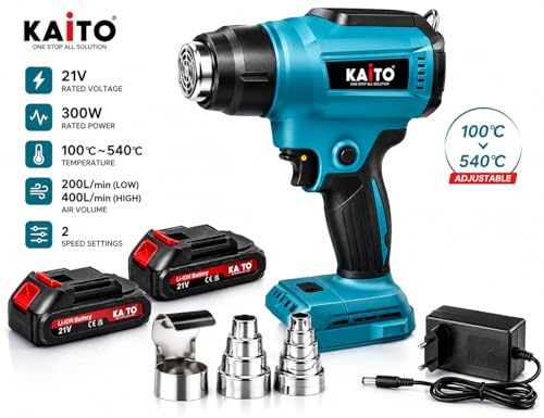 Image of KAITO Cordless Heat Gun 21 V Li-Ion with 2 x 2.5 Ah Batteries & Charger | Portable Hot Air Gun with 3 Nozzles | Dual-Temperature Heat Gun for PVC Shrink Wrap, Paint Removal, Craft & Mobile Repair