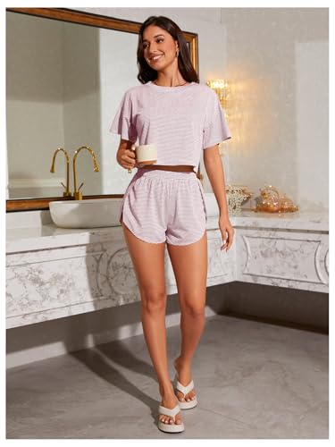 Image of OYOANGLE 2 Pack Pajama for Woman Set Summer Cute PJ Sets Striped Short Sleeve Tshirt and Split Shorts Lounge Set