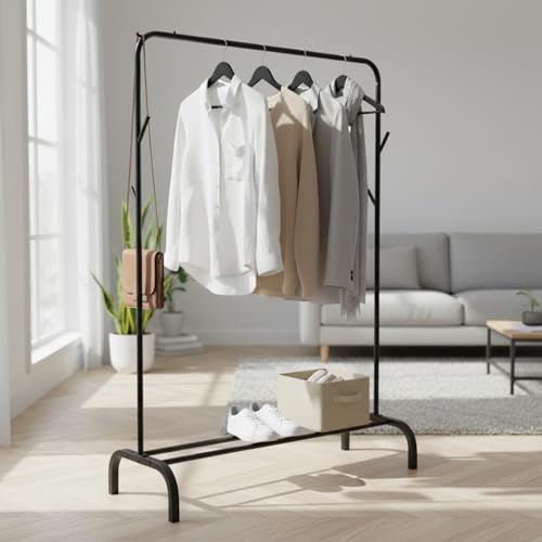 Image of Amazon Basics Metal Clothes Rack Stand with Bottom Storage Shoe Shelf & Side Hooks Hanger for Bedroom & Hallway, Portable Wardrobe Organizer 112L x 40B x 148H cm (SINGLE ROD, BLACK)