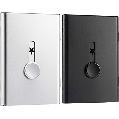 Tatuo 2 Pack Business Card Holder, Thumb-Drive Business Card Case Slide Out Business Card Holders Stainless Steel Card Holder Card Case Excellent Design for Men and Women (Black/Silver)