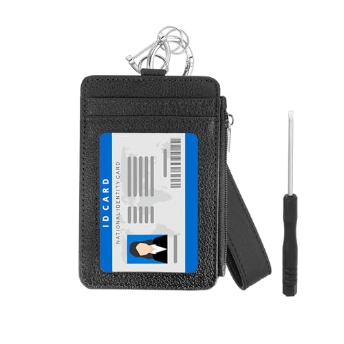 PATIKIL 4.7 x 3.2 x 0.2 Slim PU Leather Card Holder Wallet, 1 Set Small Front Pocket Credit Card Case with Zipper Coin Wallets, ID Window & Keychain Wristlet for Women Men, Black