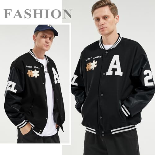 Image of Mens Varsity Jacket Baseball Bomber Jacket Vintage Unisex Streetwear Coats with Patchwork Hipster Utility Tops