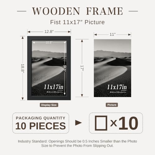 Image of VCK 11x17 Picture Frame Set of 10 - Black, Wide Border Solid Wood Frame, Display Pictures in Horizontal and Vertical, for Home, Office, Gallery, Woodgrain Series, Wall Hanging