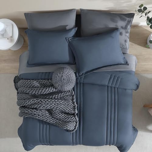 Image of Monbix Twin XL Size Comforter Set - Extra Long 5 Pieces Dorm Bedding Sets, Quilting Design Fluffy Bed in a Bag Twin XL with Sheets, Pillowcase & Sham(Blue Grey)