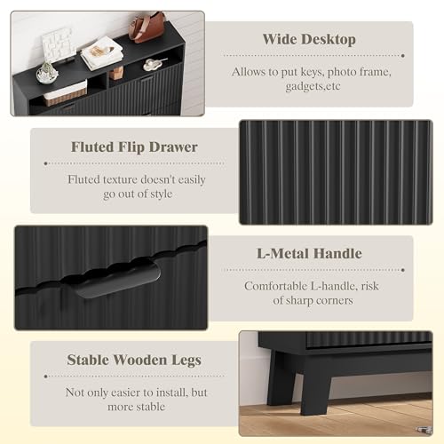 Image of Shoe Cabinet Storage for Entryway with 4 Flip Drawers, Fluted Narrow Shoe Organizer with Wooden Legs & Top Cubby, Freestanding Slim Shoe Storage Hidden Shoe Rack for Front Door Entrance, Black