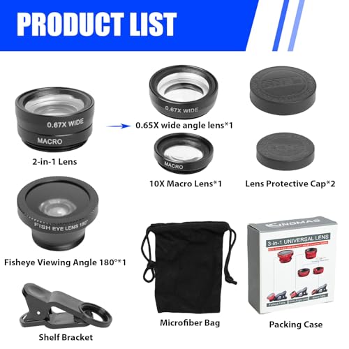 Kasoud 3 in 1 Phone Camera Lens Kit, Includes Fish Eye, 2 in 1 Macro & Wide Angle Lenses, Universal Clip, Black - Image 6