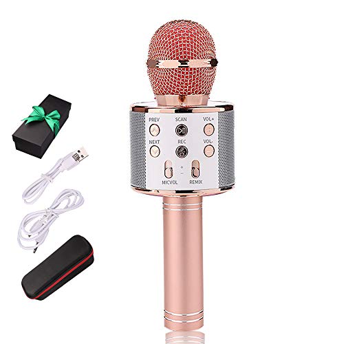Karaoke Bluetooth Wireless Microphone 3 in 1 Portable Handheld Mic Speaker Machine for Company Meeting Family Kids Party - Compatible iPhone, Android, iPad, PC and all Smartphones (Rose Gold Plus)