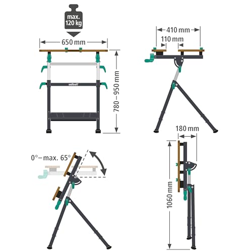 wolfcraft Spann- und Arbeitstisch Master 650 Ergo - stufenlos höhenverstellbar - inklusive Flachspanner, Rohrspanner & Einlegebrett - mobil einsetzbar - 120 kg Tragfähigkeit - Made in Europe - 6870000