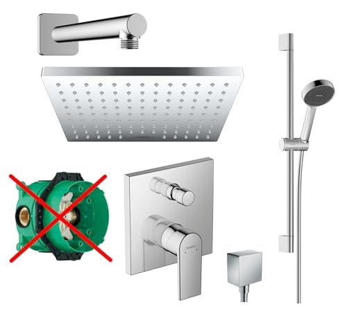 Hansgrohe Duschsystem mit Unterputz Duscharmatur von Hansgrohe Regendusche mit Armatur, Duschkopf eckig, Wandarm Dusch-SET HGK11-ob poliert