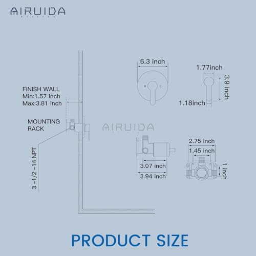 Airuida Round Single-Function Shower Handle Valve Trim Kit Shower Valves Wall Mount Brass Faucet Shower Rough-in Valve Bathroom Trim Kit Single Handle Tub Shower Valve Male Thread Matte Black - Thumbnail 6