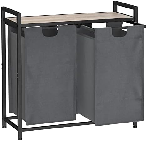 AMHANCIBLE Laundry Hamper with Shelf, Laundry Basket 2 Section, Laundry Sorter Organizer, Clothes hamper with Pull-Out and Removable Bags, Top Table, for Laundry Room HLS02GG