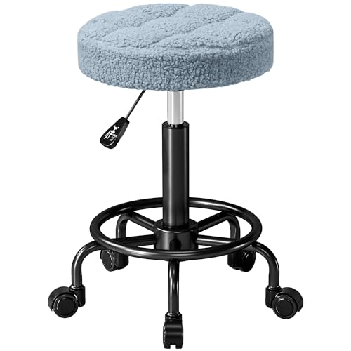 HOMCOM Taburete Giratorio Redondo Taburete con Ruedas Altura Regulable 50-66 cm Asiento Tapizado en Tejido de Borreguito para Salones Talleres SPA Masaje Azul