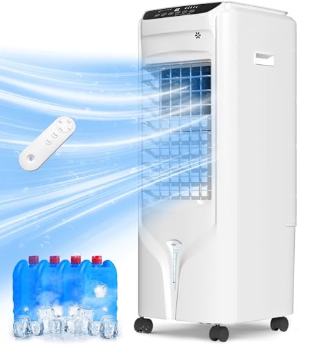 Evaporative Air Cooler, 1800 CFM Swamp Cooler with 4.2 Gal Water Tank,120° Swing, 12H Timer, Remote, 3 Modes & 3 Speeds, 4 Ice Packs, Fans that Blow Cold Air for Room, Bedroom, Office, Glacier White