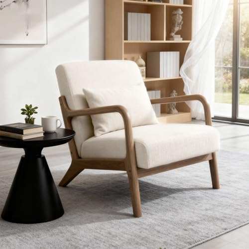 OSGMMOSG Modern Accent Chair with Wooden Frame & Linen Fabric, Mid Century Modern Chair with Lumbar Pillow, Cozy Accent Chair for Living Room, Bedroom, Reading Nook or Small Spaces