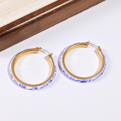 Blue and White Porcelain Hoop Earrings for Women 18k Gold Plated Silver Needle Vintage Big Round Earrings Chinese Style Unique Personalized Drop Hoop Earrings Jewelry2