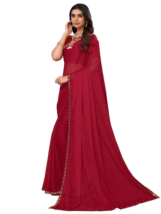 Image of SIRIL Women's Lace & Peral Work Lycra Saree with Unstitched Blouse Piece