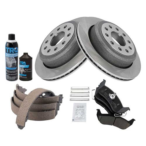 Image of TRQ Rear Brake Pad & Rotor Kit, with Chemical Kit Parking Brake Shoe Set Ceramic Compatible with 2003-2004 Lincoln Town Car