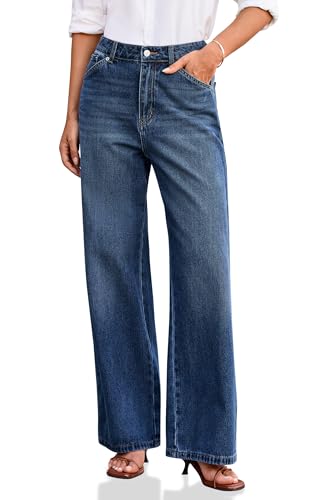 Cicy Bell Damen Jeans Baggy Weitem Bein Jeanshosen Mittlere Taille Denim Boyfriend Hosen mit Taschen Dunkelblau 44 Cicy Bell Damen Jeans Baggy Weitem Bein Jeanshosen Mittlere Taille Denim Boyfriend Hosen mit Taschen Dunkelblau 44