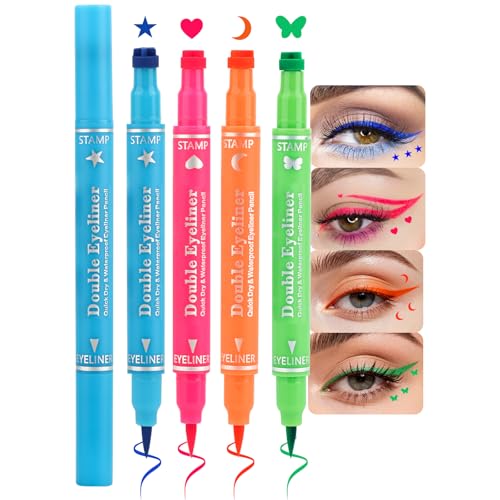 Erinde 4 Colors Double-headed Liquid Eyeliner Stamp Pen Set, Blue Pink Orange Green Colorful Winged Eye Liners for Women, Waterproof Long-Lasting Star Moon Heart Halloween Eye Face Makeup