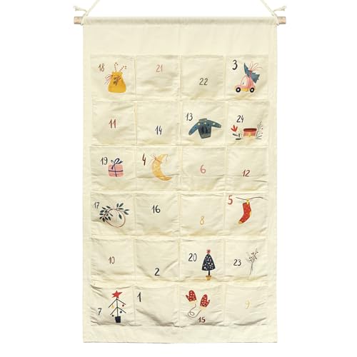 Adventskalender zum Befüllen 2025,Stoff Weihnachtskalender für Kinder 123x71 cm, Wandkalender zum Aufhängen mit 24 Taschen, Wiederverwendbar Stoffbeutel für Geschenke, Süßigkeiten, Deko