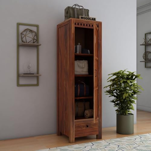 Image of WOODLAB Furniture Solid Sheesham Wood Single Door and Drawer Storage Wardrobe for Home | Wooden Almirah for Bedroom (Honey Finish)