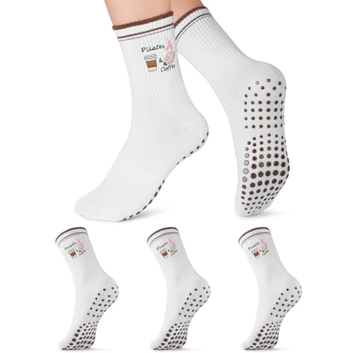 COZYOFFI Pilates Socks Non Slip: 3 Pairs Grip Women Crew Socks Embroidery Pattern Brown