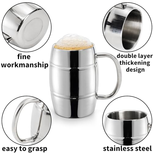 Image of Goaste 4 Pack Stainless Steel Barrel Mugs, 15 OZ Double Walled Beer Stein with Strong Handle, Heat Insulated Metal Drinking Cup, Coffee Tea Camping Travel Tumblers for Hot or Cold Beverages