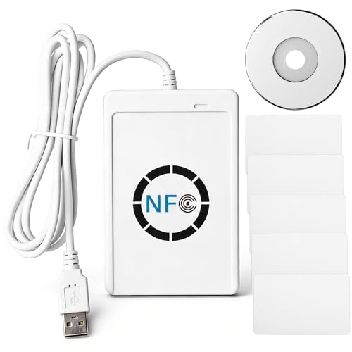 Lector de tarjetas inteligentes NFC sin contacto, lector de tarjetas inteligentes NFC RFID duplicador de escritorio con 5 tarjetas blancas y cable, lector de tarjetas inteligentes para control de