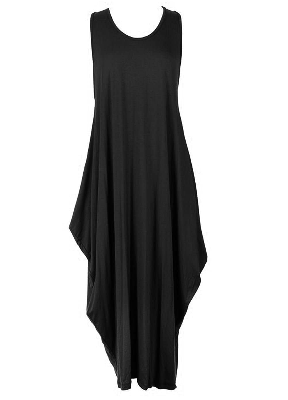 Wear The Fashion Women's Black Lagenlook Italian Sleeveless Long Tunic Dress Casual Wear Stretchy Long Tulip Parachute Dress Top