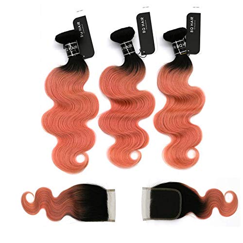 BQ HAIR Ombre Rose Gold Brazilian Remy Body Wave Hair 3 Bundles with 4x4 Free Part Lace Closure, 8A Top Quality 1B/Rose Gold Two Tone 4Pcs Lot.(8 10 12 +8)