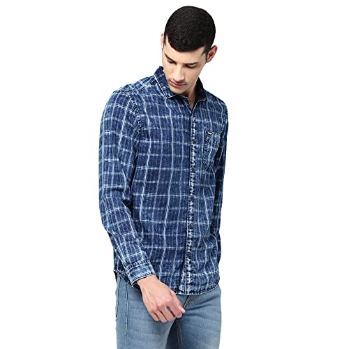 Image of Wrangler Men Checked Indigo Shirt (Regular)