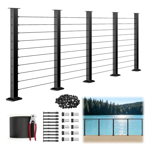 Image of 16FT-20FT Swageless Complete Set Black Cable Railing Post Kits 36 Inch Modular Cable Railing System for Decks Length Adjustable Easy DIY with 250FT Wire Rope & 5 Deck Post Kit(No Handrail)