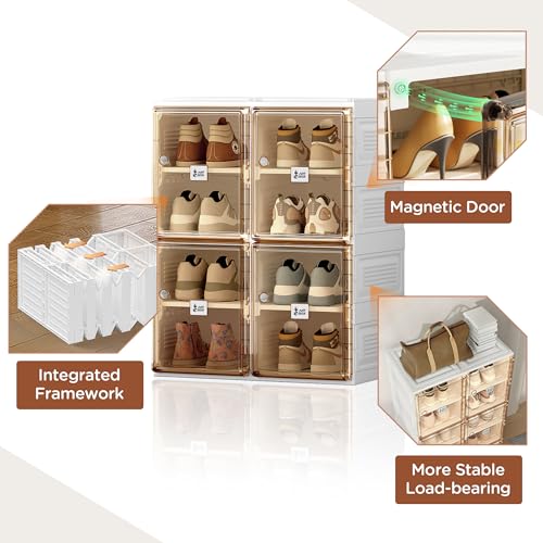 Image of ANTBOX Shoe Organizer Storage Box, Portable Folding Shoe Rack For Closet With Magnetic Clear Door,Large Sneaker Cabinet Bins All-in-one Sturdy Easy Assembly 4 Layers-8 Grids