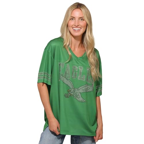 FOCO Philadelphia Eagles NFL Womens Kelly Green Rhinestone Logo Oversized V-Neck Mesh T-Shirt - M