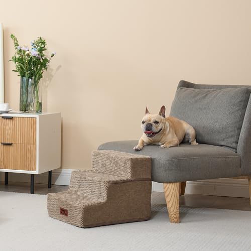 Image of EHEYCIGA Dog Stairs for Small Dogs 13.5 inch H, 3-Step Dog Steps for Couch Sofa and Chair, Pet Steps for Medium Cats, Non-Slip Balanced Pet Ramp Indoor, Camel