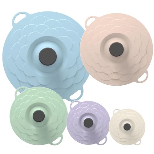 Tapas de Silicona Reutilizables 5 Piezas,Cierre Hermético con Ventosa, Ollas,Sartenes,Tazas y Platos,Refrigerador,etc.,Tapa Silicona para Olla y Tapa de Copa de Silicon,5 Tamaños Antifugas y BPA Free