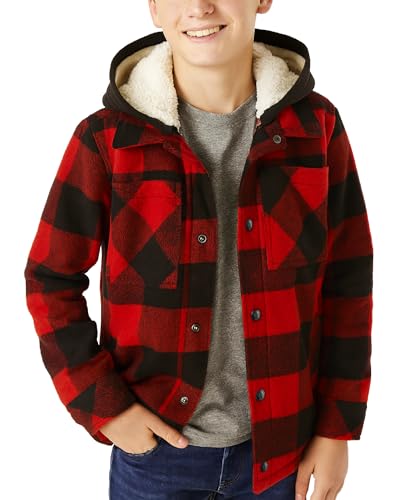 Image of URBAN REPUBLIC Boys Flannel Jacket - Sherpa Lined Hooded Plaid Jacket Button Down Winter Coats for Boys (Sizes 8-20), Size 14-16, Dark Red/Black